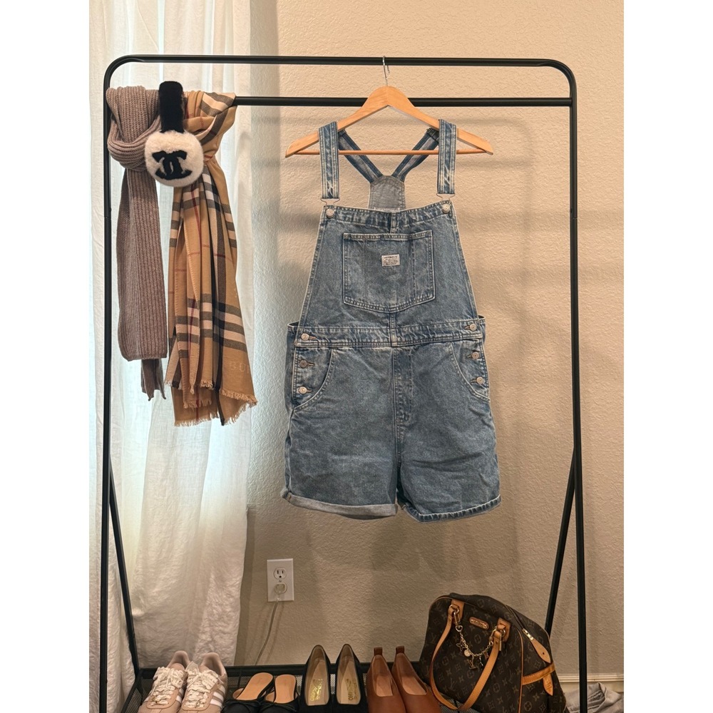 Levis Denim Shortalls Medium Wash Two Horse Brand Overalls Womens Large NEW